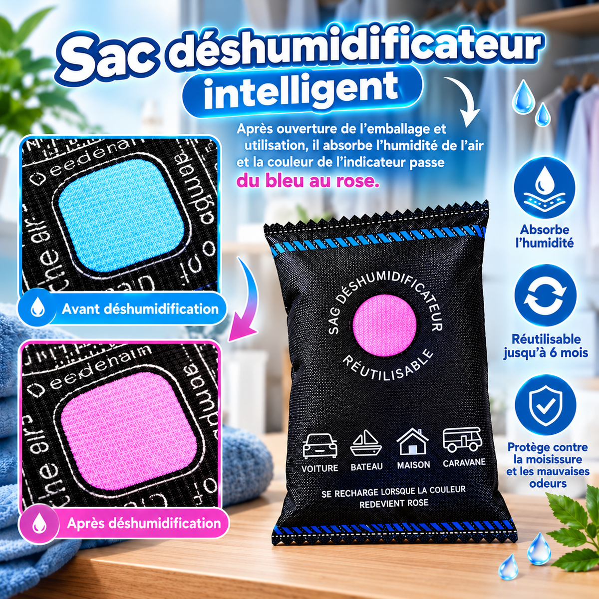 Absorbeur d'humidité réutilisable – Lot de 2 ou 4 sachets